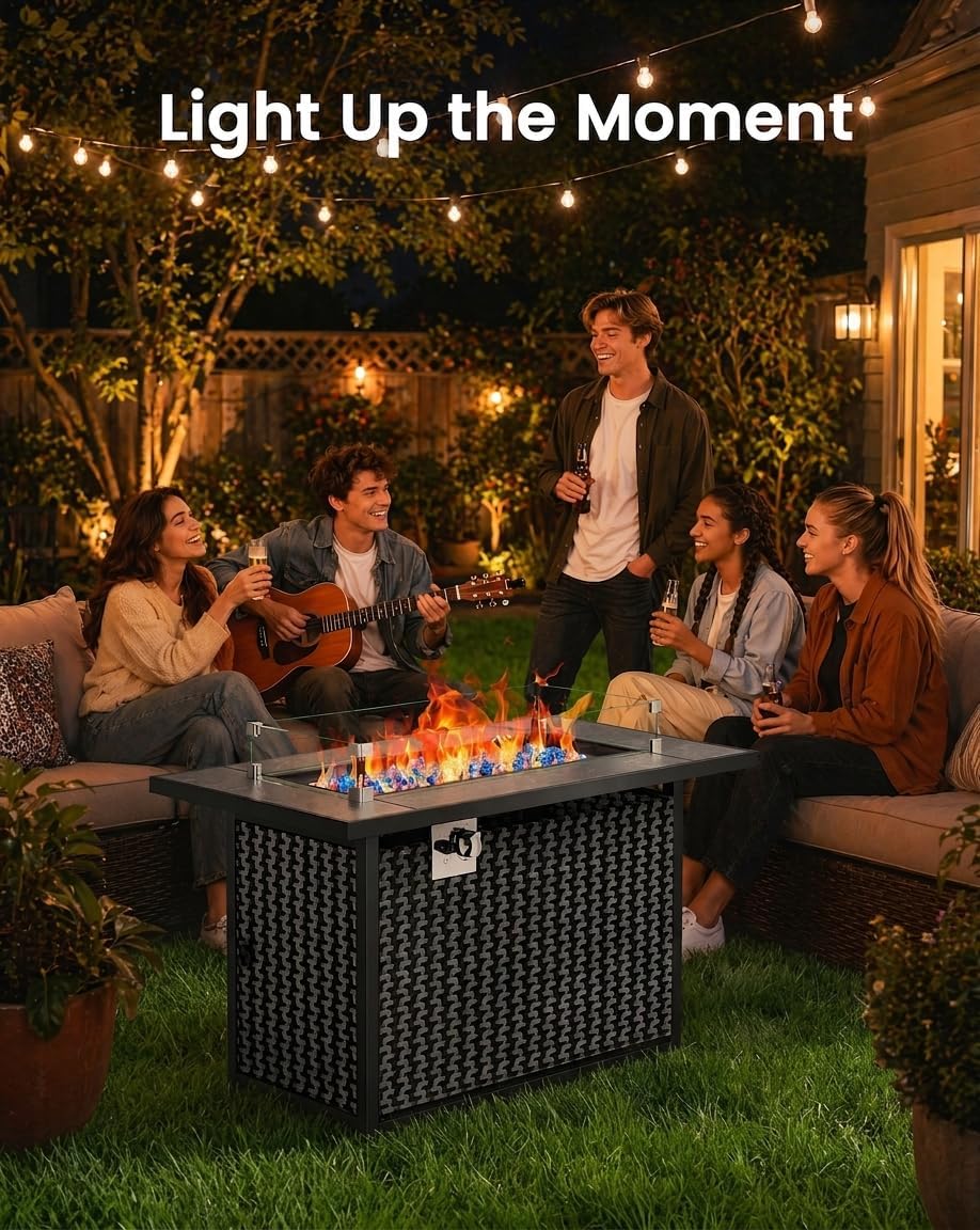43″ Fire Pit Table, Outdoor Propane Fire Pit Table with Premium Ceramic Tabletop, Glass Wind Guard, Lid, Glass Rock