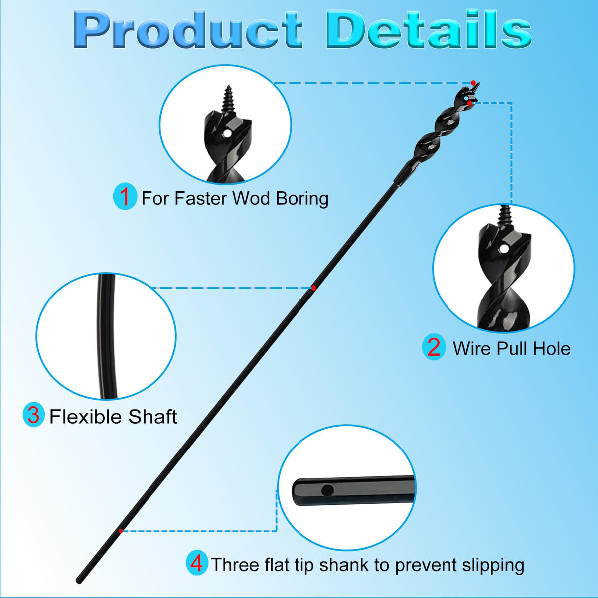 DKIBBITH Flexible Installer Drill Bit for Pulling Wires Through Walls Ceilings and Sidewalks,36-Inch Long, 3/8-Inch Auger with a Fish Eye Hole and Screw Point, 3/16" 3-Flat Anti-Slip Shank.