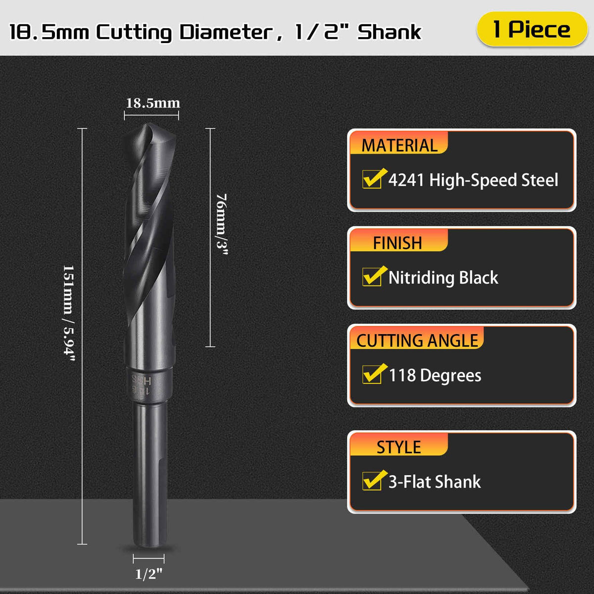 CoCud Drill Bit 18.5mm Diameter 1/2" Shank 3-Flat 4341 HSS