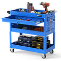3 Tier Rolling Tool Cart with Lockable Drawer, Heavy Duty Metal Utility Cart on Wheels with Pegboards & Hooks