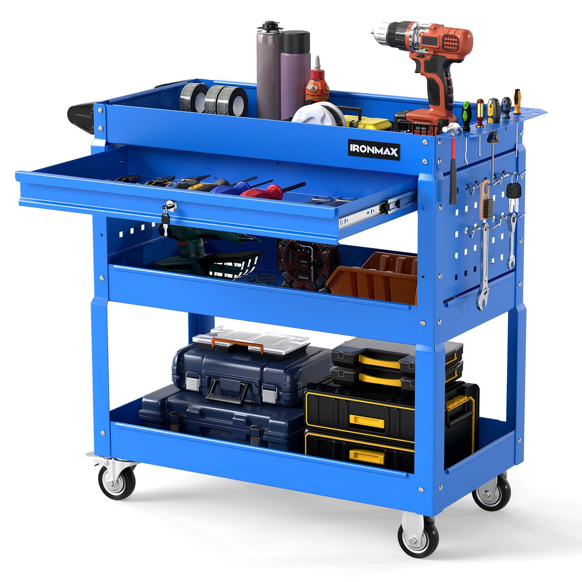 3 Tier Rolling Tool Cart with Lockable Drawer, Heavy Duty Metal Utility Cart on Wheels with Pegboards & Hooks