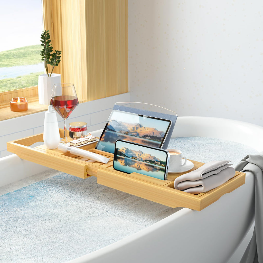 Luxury Bamboo Bathtub Tray - Wooden Expandable Caddy with Book, Tablet, Wine Holder - Gift Idea