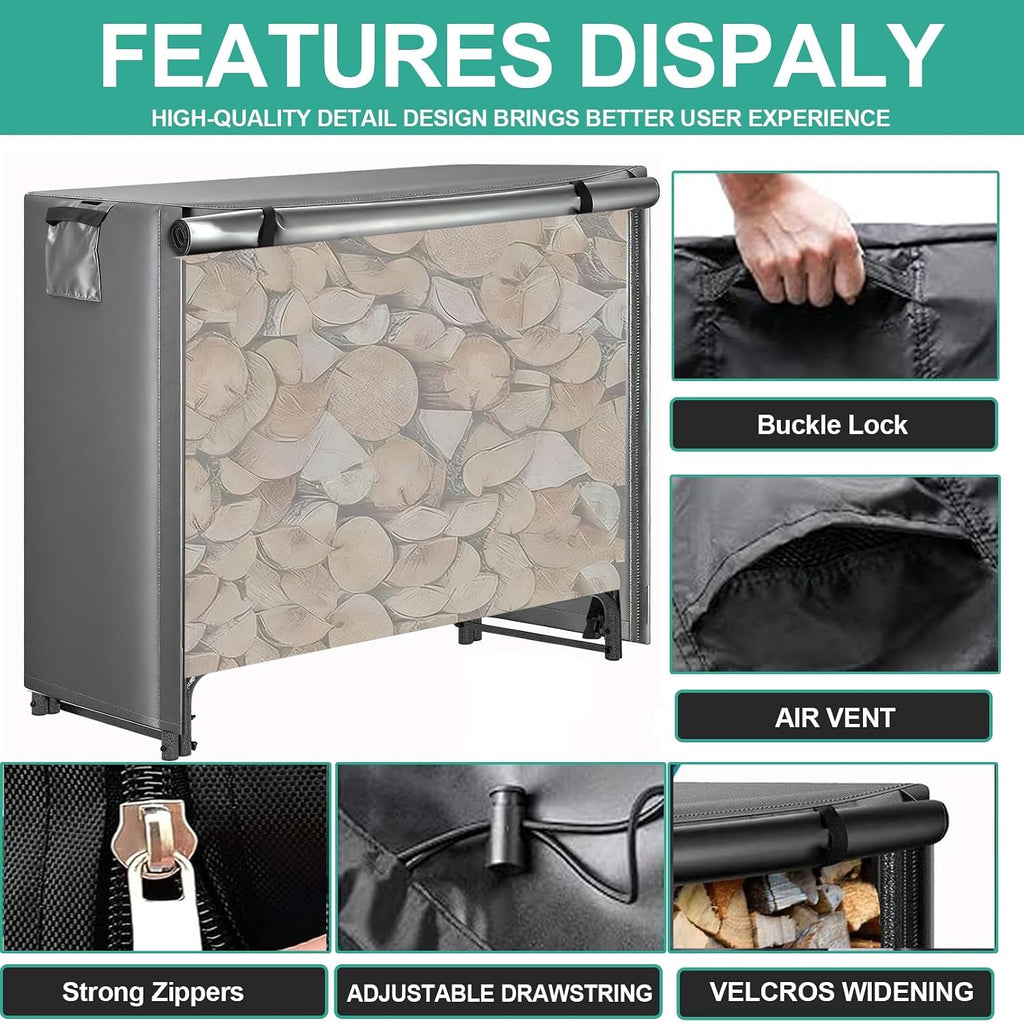 Waterproof Firewood Rack Cover, Heavy Duty 600D Oxford Log Storage Cover with Zipper, PVC Coating (Log Rack not