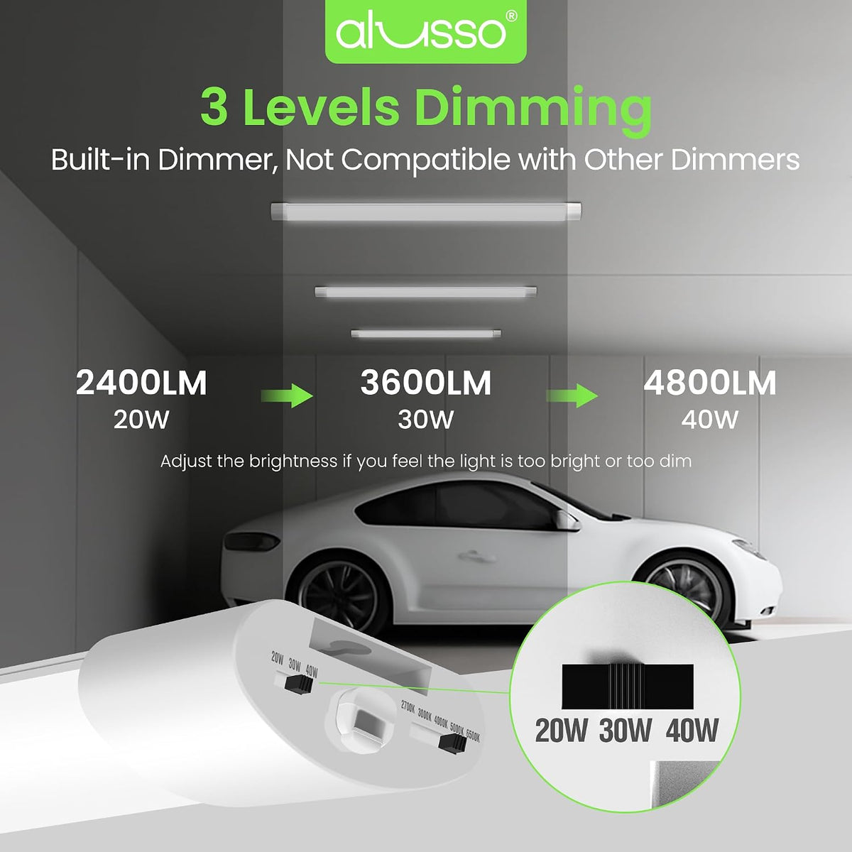 ALUSSO LED Shop Lights 4FT for Garage, 4800LM Adjustable 20W/30W/40W, 5CCT 2700K 3000K 4000K 5000K 6500K, 120V, Warm to Cool Daylight Linkable Shop Lights for Workshop, ETL, 2 Pack