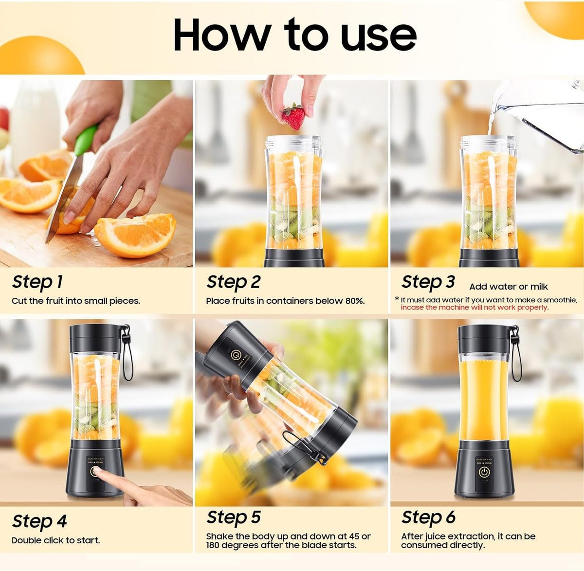 Portable Mini Shakes & Smoothies Blender - Personal Size Travel Blender | 6 Stainless Steel Blades, 380ML Traveling