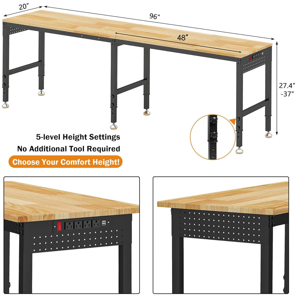 96" 2-in-1 Convertible Adjustable Workbench, L-Shaped & Extended 5000 LBS Heavy Duty Work Table with Power Outlets &