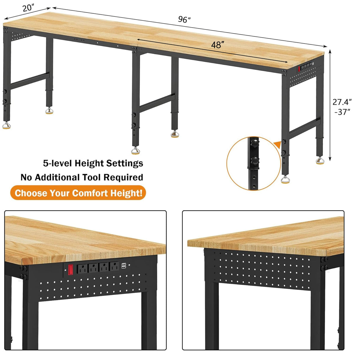 96" 2-in-1 Convertible Adjustable Workbench, L-Shaped & Extended 5000 LBS Heavy Duty Work Table with Power Outlets &