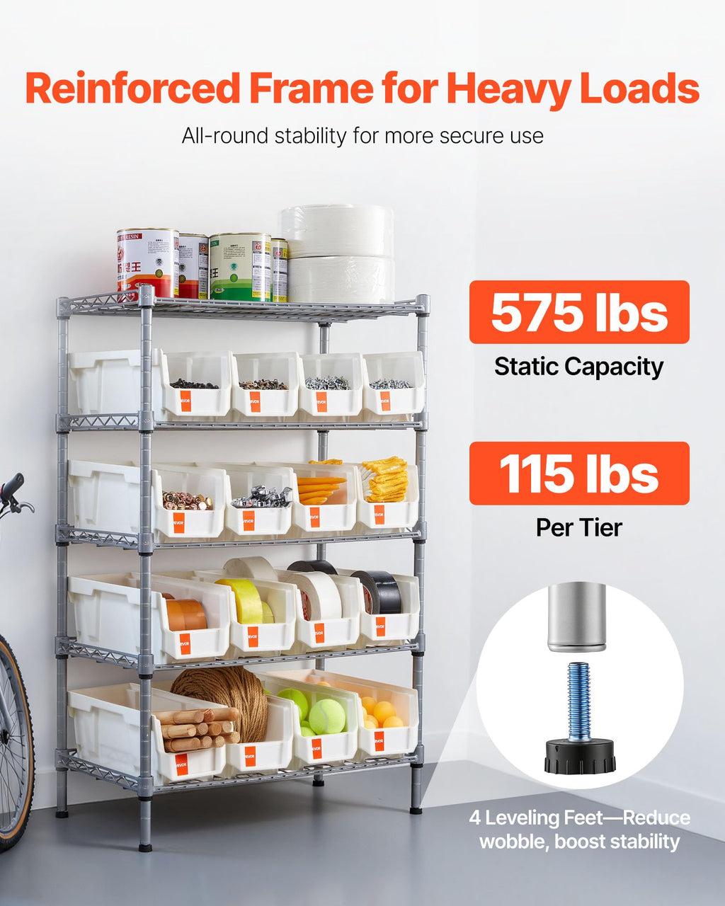 5-Tier Rolling Bin Storage Rack, 16 Organizer Bins, Bin Rack Storage Steel Wire Shelving System with Wheels, Mobile