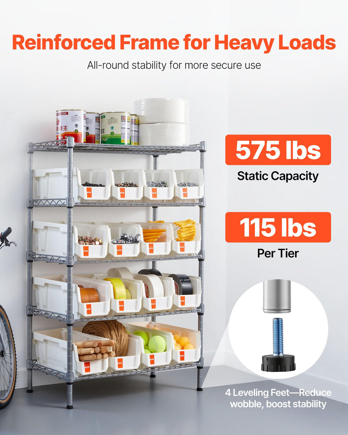 5-Tier Rolling Bin Storage Rack, 16 Organizer Bins, Bin Rack Storage Steel Wire Shelving System with Wheels, Mobile