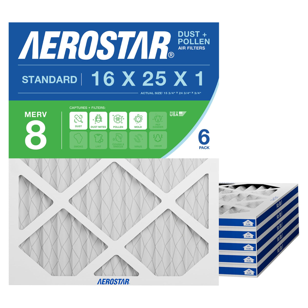 Air Filter 16x25x1 MERV 8 AC Filter, HVAC, Furnace Filter, 6 Pack