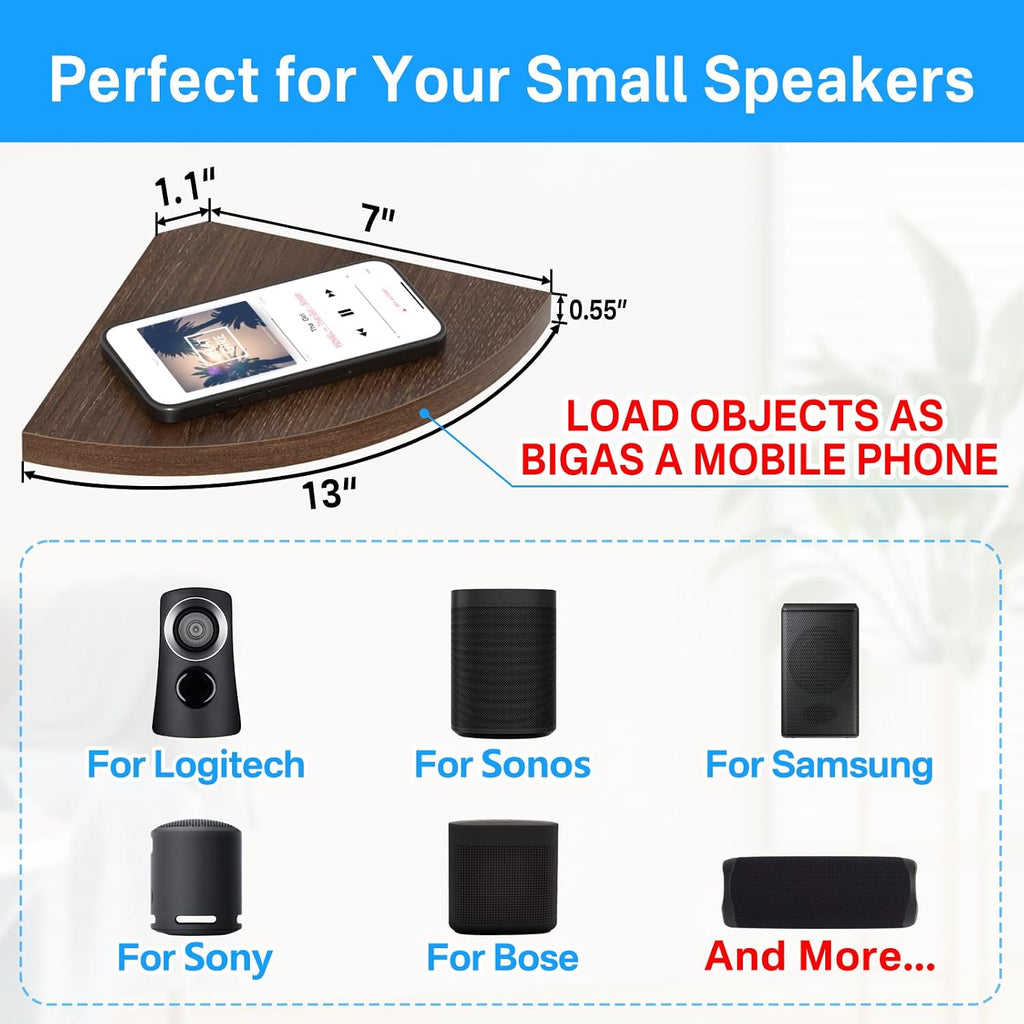 Corner Speaker Shelf for Small Speaker Wall Mount, Wooden Floating Speaker Shelf for Samsung, Sony, Bose, JBL, LG