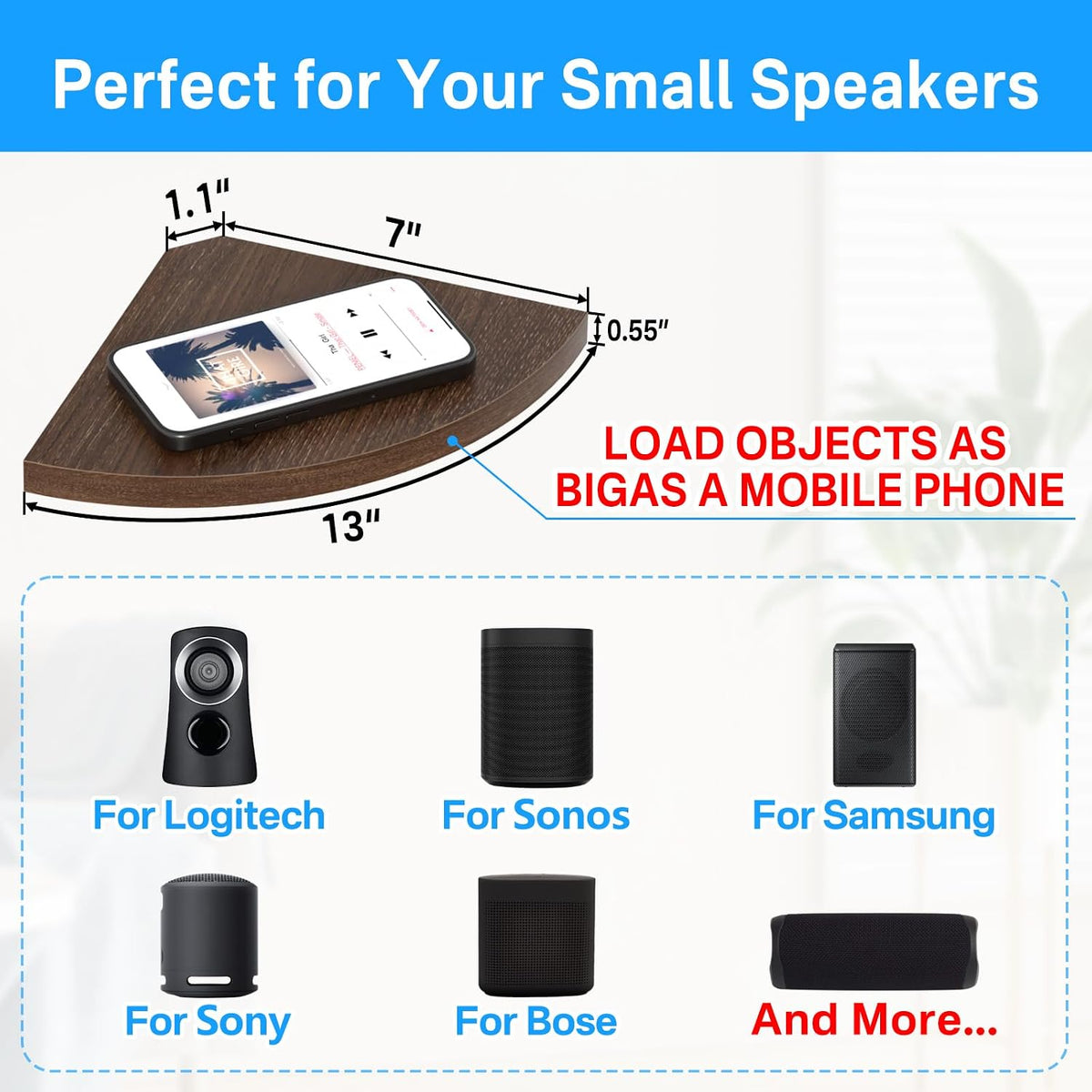 Corner Speaker Shelf for Small Speaker Wall Mount, Wooden Floating Speaker Shelf for Samsung, Sony, Bose, JBL, LG