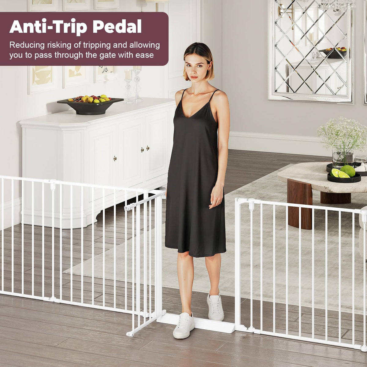 144" Extra-Wide Adjustable Hardware/Pressure-Mounted Pet & Child Safety Gate with Dual-Lock Walk-Through Swing Door for Stairs, Hallways & Wide Doorways