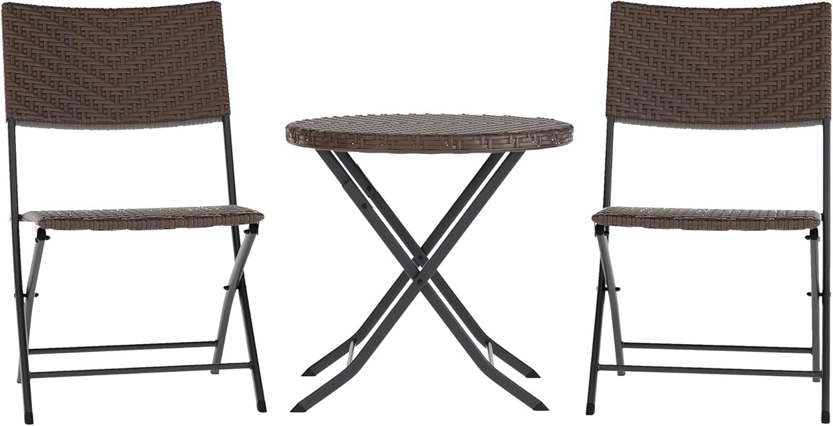 Three Piece Commercial Grade Foldable Bistro Set, Indoor/Outdoor PE Rattan Back, Seat and Table Top, Brown with Black