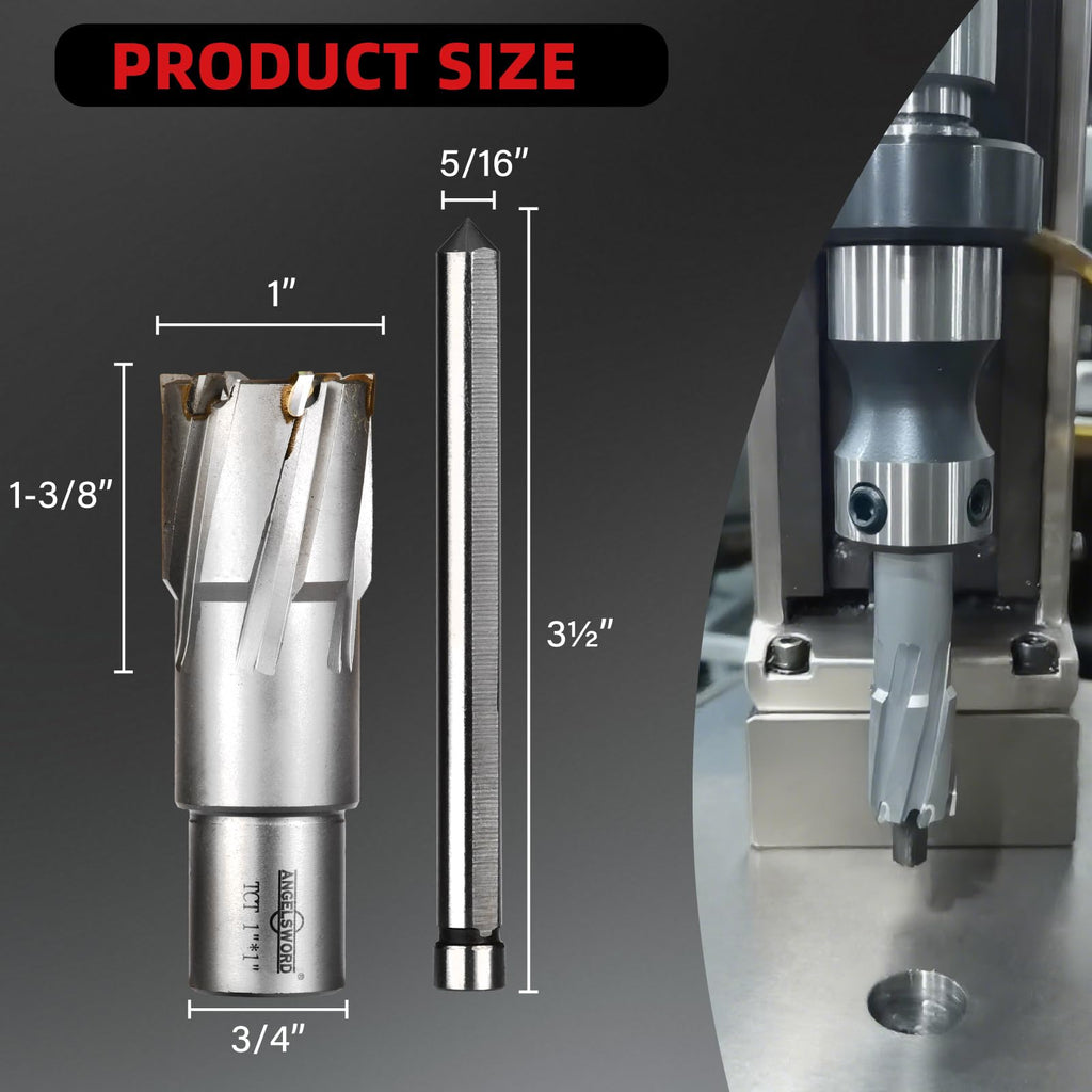 ANGELSWORD TCT Annular Cutter Diameter 1", Cutting Depth 1-3/8" Tungsten Carbide Tipped, Mag Drill Bits Kit for Magnetic Drill Press, with One 5/16"*3.5" Pilot Pin