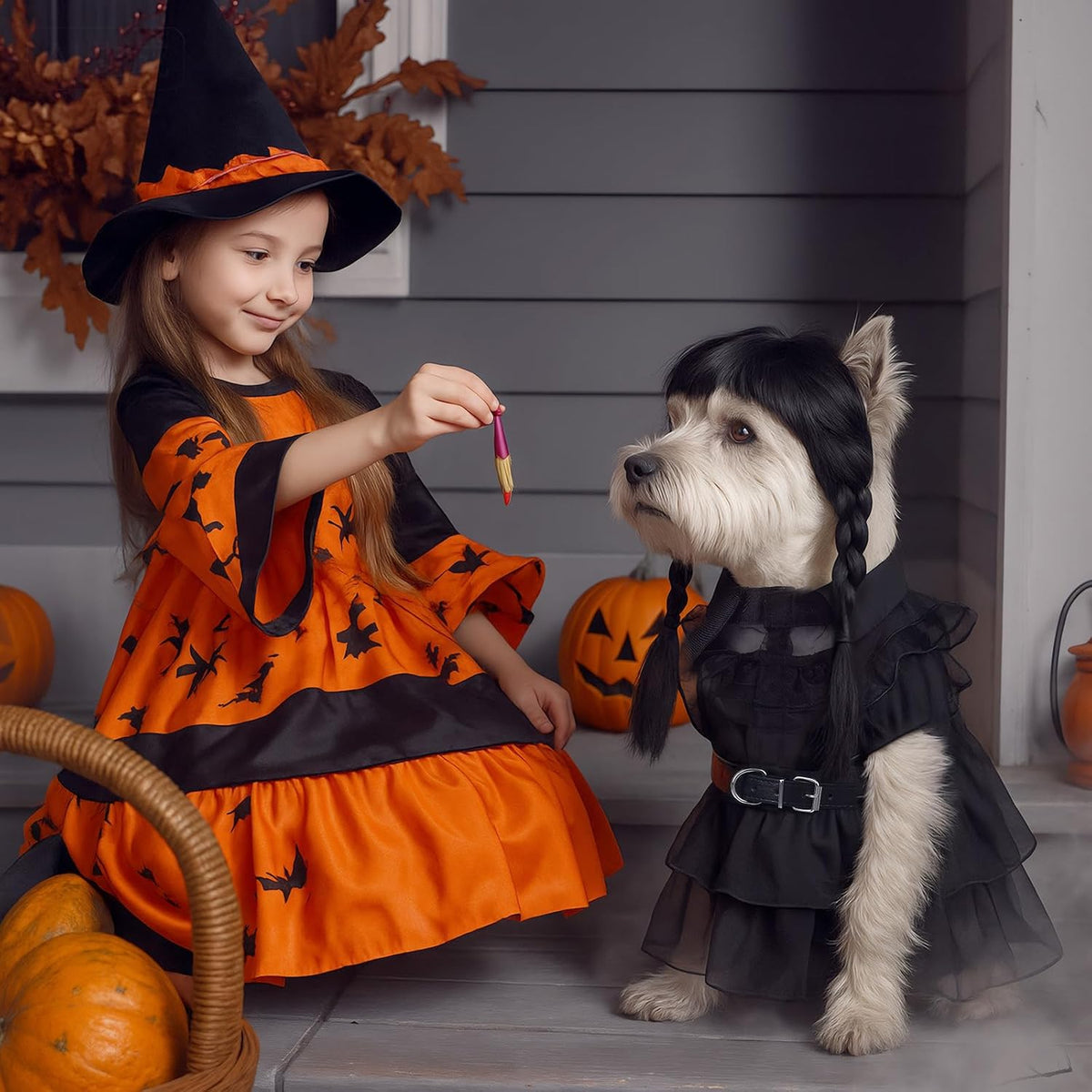 3 Pcs Halloween Dog Costume Gothic Dress with Wig Belt for Pets,L