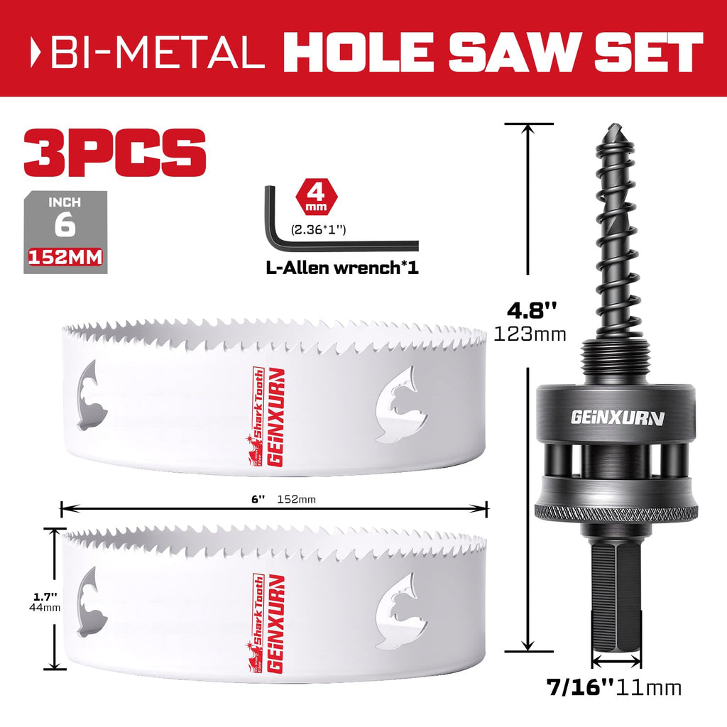 Geinxurn 6 in(152mm) Hole Saw Set, HSS Bi-Metal Hole Cutter with Arbor and Hex Wrench, 4PCS Hole Saw Kit for Wood, Drywall, PVC Boards, Thin Metal & Plastic