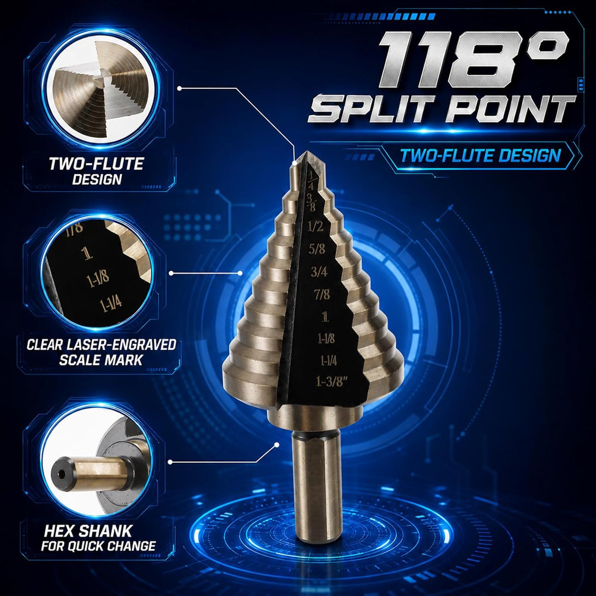 Yesland 5pcs Hss Cobalt, Multiple Hole 50 Sizes High Speed Metal Step Drill Bit Set with Aluminum Case