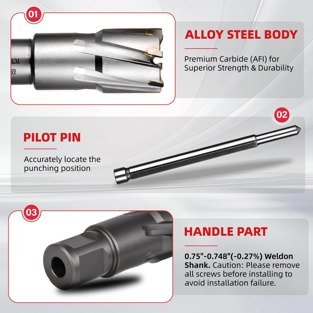 ANGELSWORD TCT Annular Cutter Diameter 1", Cutting Depth 1-3/8" Tungsten Carbide Tipped, Mag Drill Bits Kit for Magnetic Drill Press, with One 5/16"*3.5" Pilot Pin