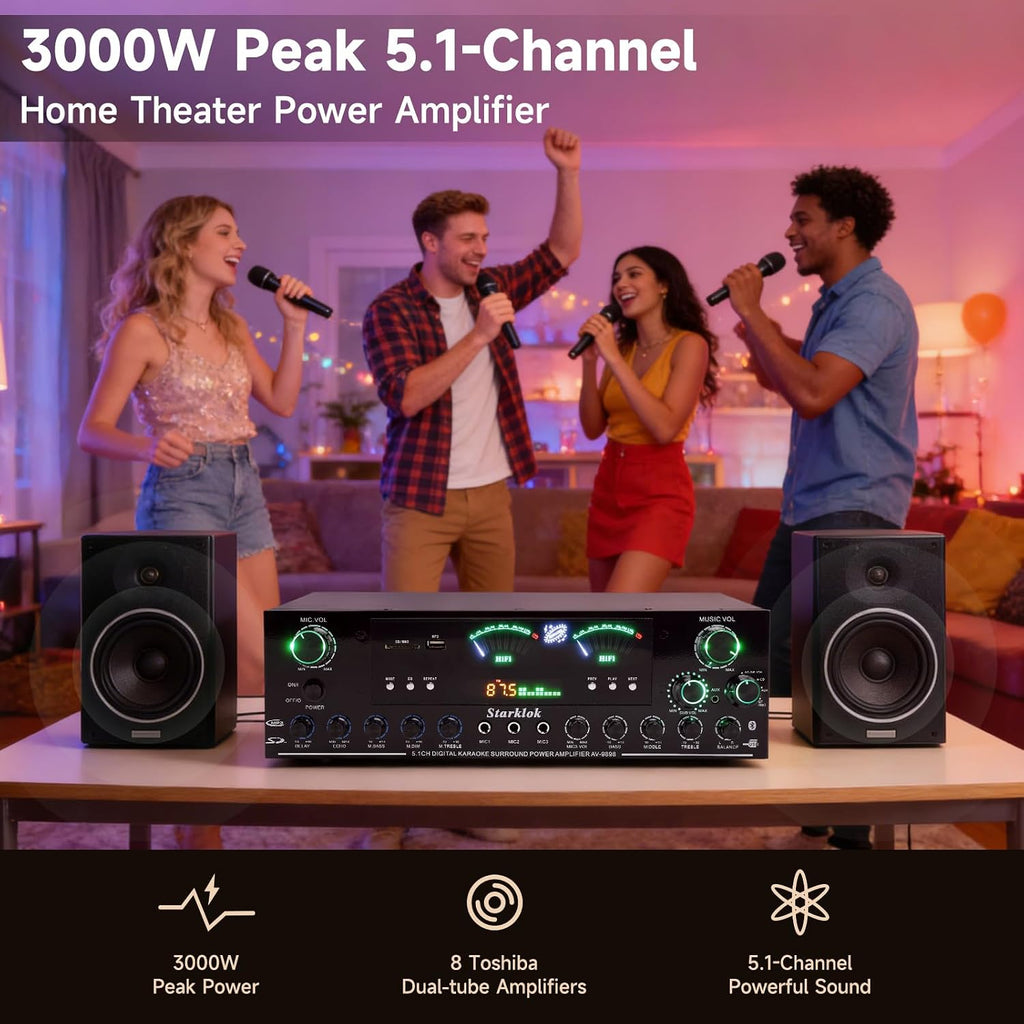 3000W Peak 5.1-Channel Home Audio Power Amplifier – HiFi Stereo Amplifier with Subwoofer, 3 Microphone Inputs, USB/SD