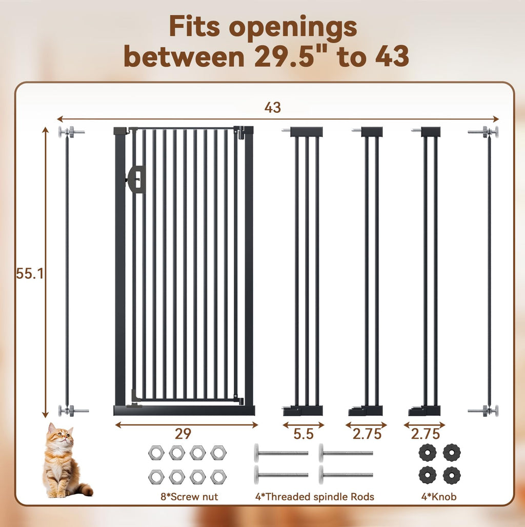 57" x 29.5-43" Wide Extra-Tall Full-Height Anti-Jump Cat & Pet Safety Gate with No-Drill Pressure Mount & Auto-Close Walk-Through Door