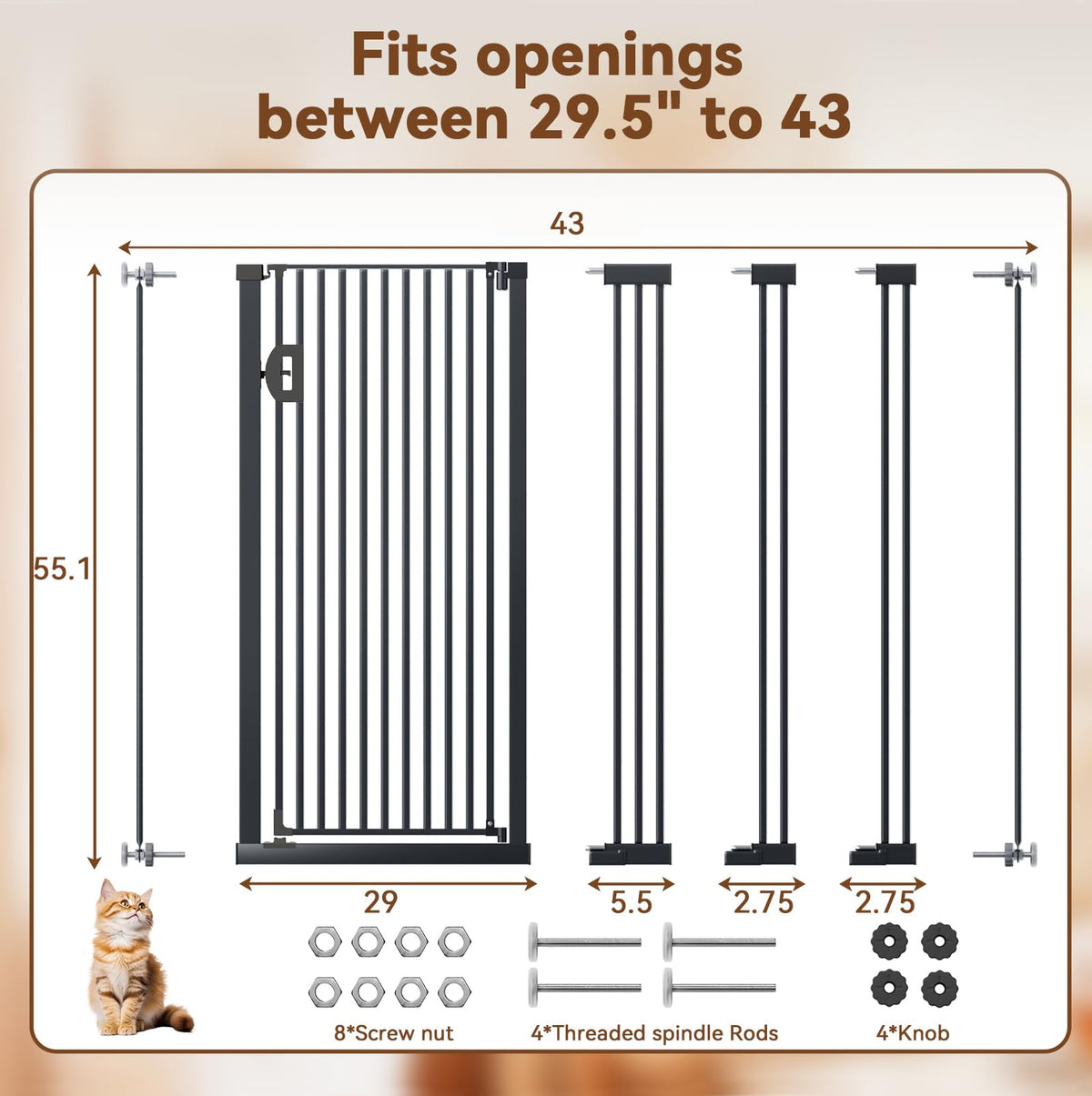 57" x 29.5-43" Wide Extra-Tall Full-Height Anti-Jump Cat & Pet Safety Gate with No-Drill Pressure Mount & Auto-Close Walk-Through Door