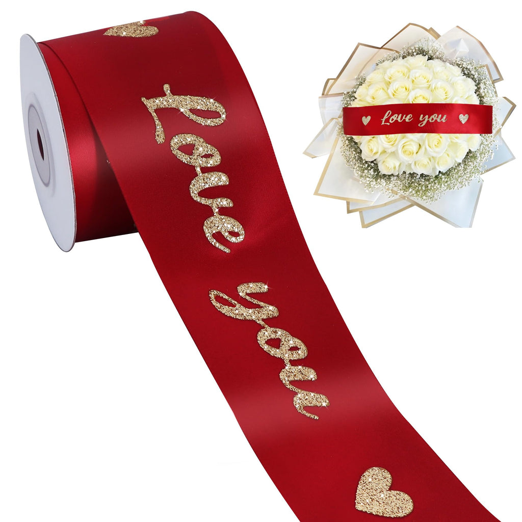 Claret Red Satin Ribbon with Glitter Love You Print - 2 Inch x 10 Yards Valentine Ribbon for Wedding, Anniversary