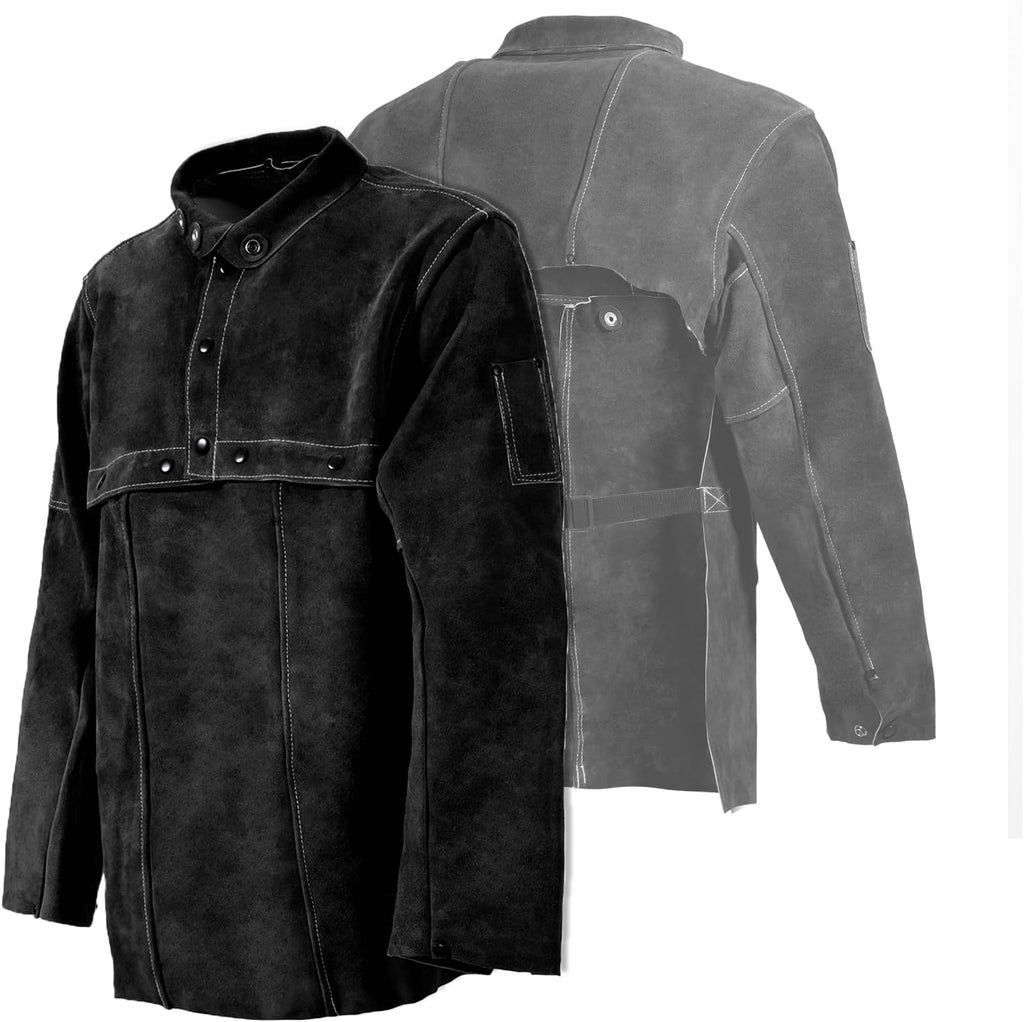 Leather Welding Jacket - Heat Flame Resistant Cape Sleeve Bib Apron | Heavy duty split cowhide weld coat, open back