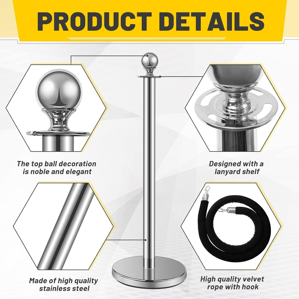 4 Pcs Crowd Control Stanchions and Velvet Ropes 5 ft Poles Silver Crowd Control Barriers Black Ropes Stainless Steel