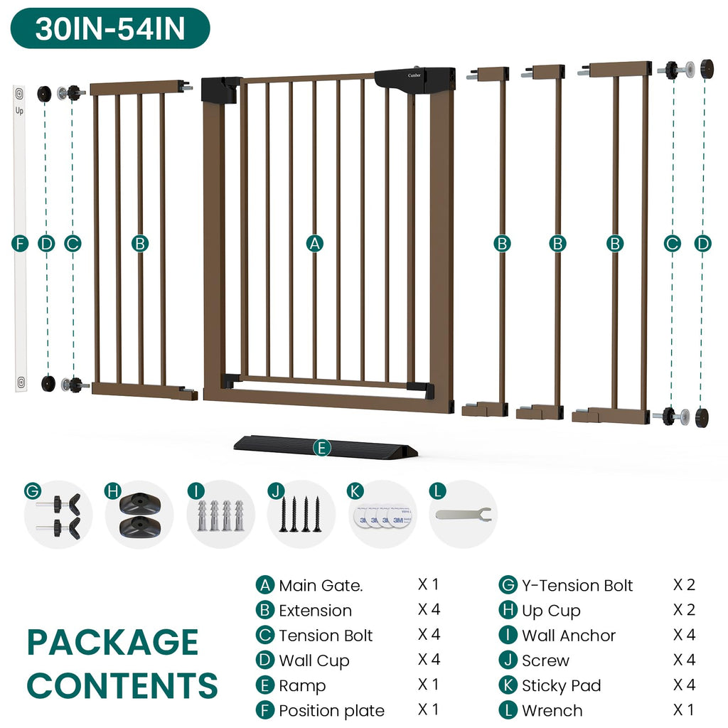 30-54" Extra-Wide Adjustable Hardware/Pressure-Mounted Pet & Child Safety Gate with Auto-Close Walk-Through Door for Stairs, Hallways & Wide Doorways — Brown