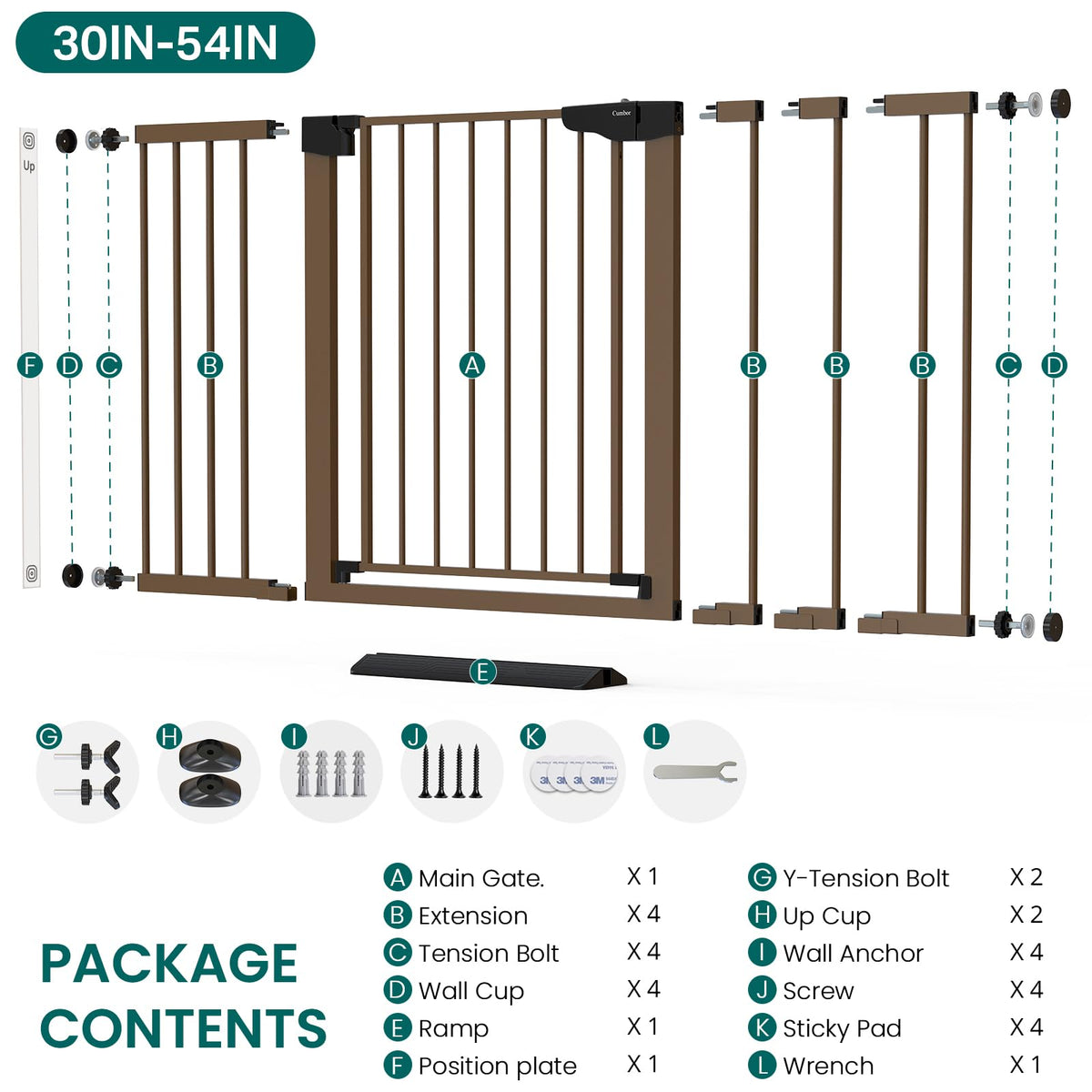 30-54" Extra-Wide Adjustable Hardware/Pressure-Mounted Pet & Child Safety Gate with Auto-Close Walk-Through Door for Stairs, Hallways & Wide Doorways — Brown