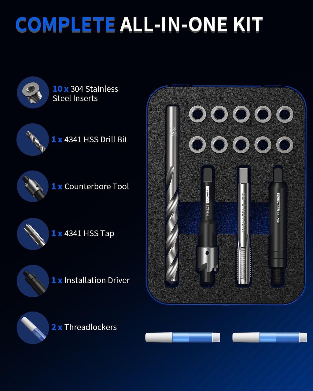 ZOMIYU M8x1.25 Metric Thread Repair Kit, 11.7mm One-Piece Inserts (10PCS)