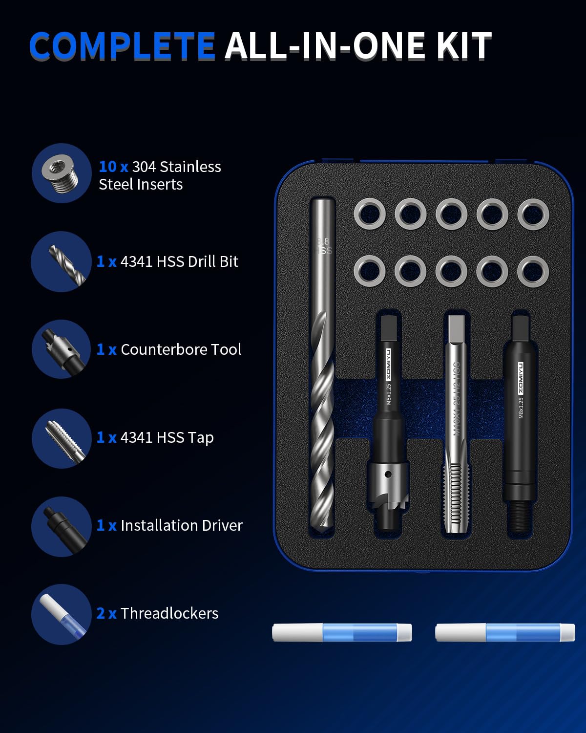 ZOMIYU M8x1.25 Metric Thread Repair Kit, 11.7mm One-Piece Inserts (10PCS)