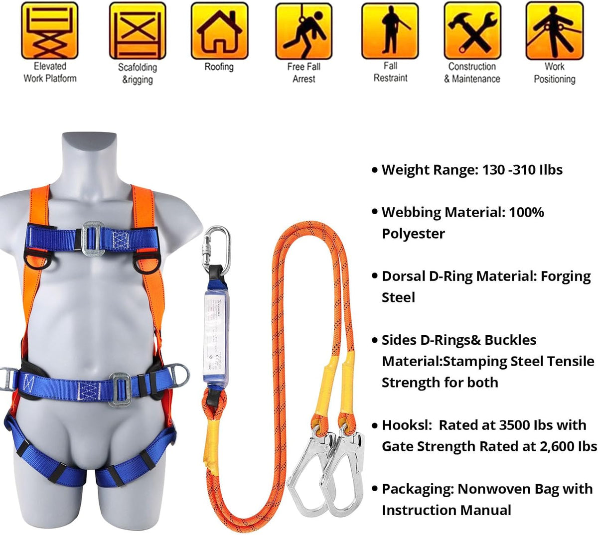 Safety Harness Fall Protection Kit: Full Body Roofing harnesses | Men Construction Harness Kit with Shock Absorbing