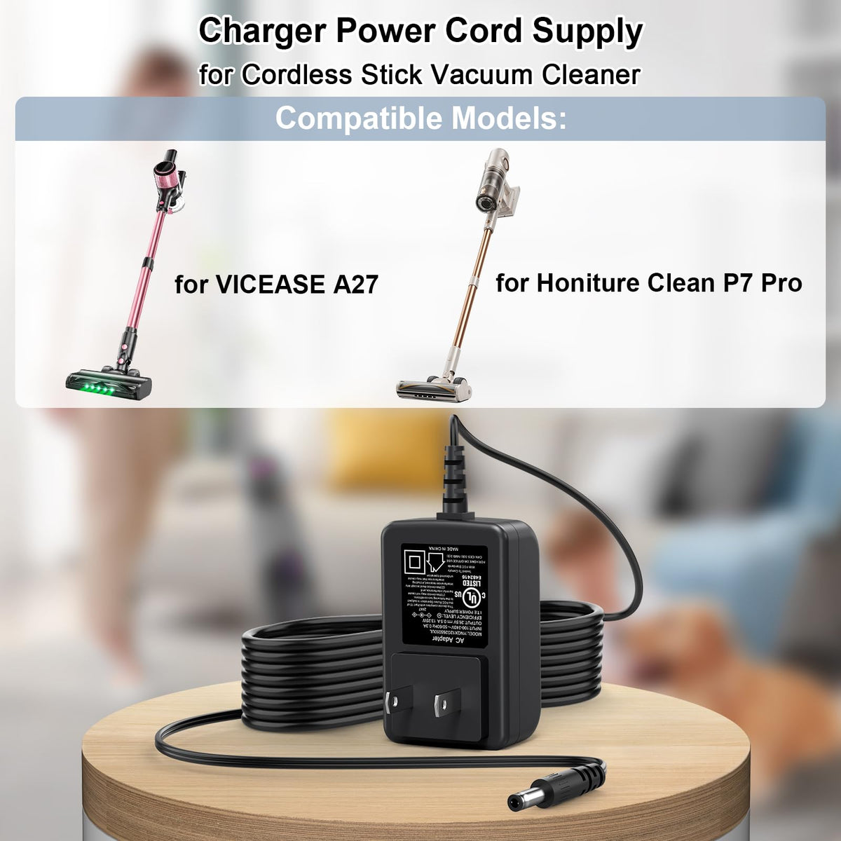 26.5V Adapter Charger for Vacuum Cleaner, Power Supply Cord for VICEASE A27