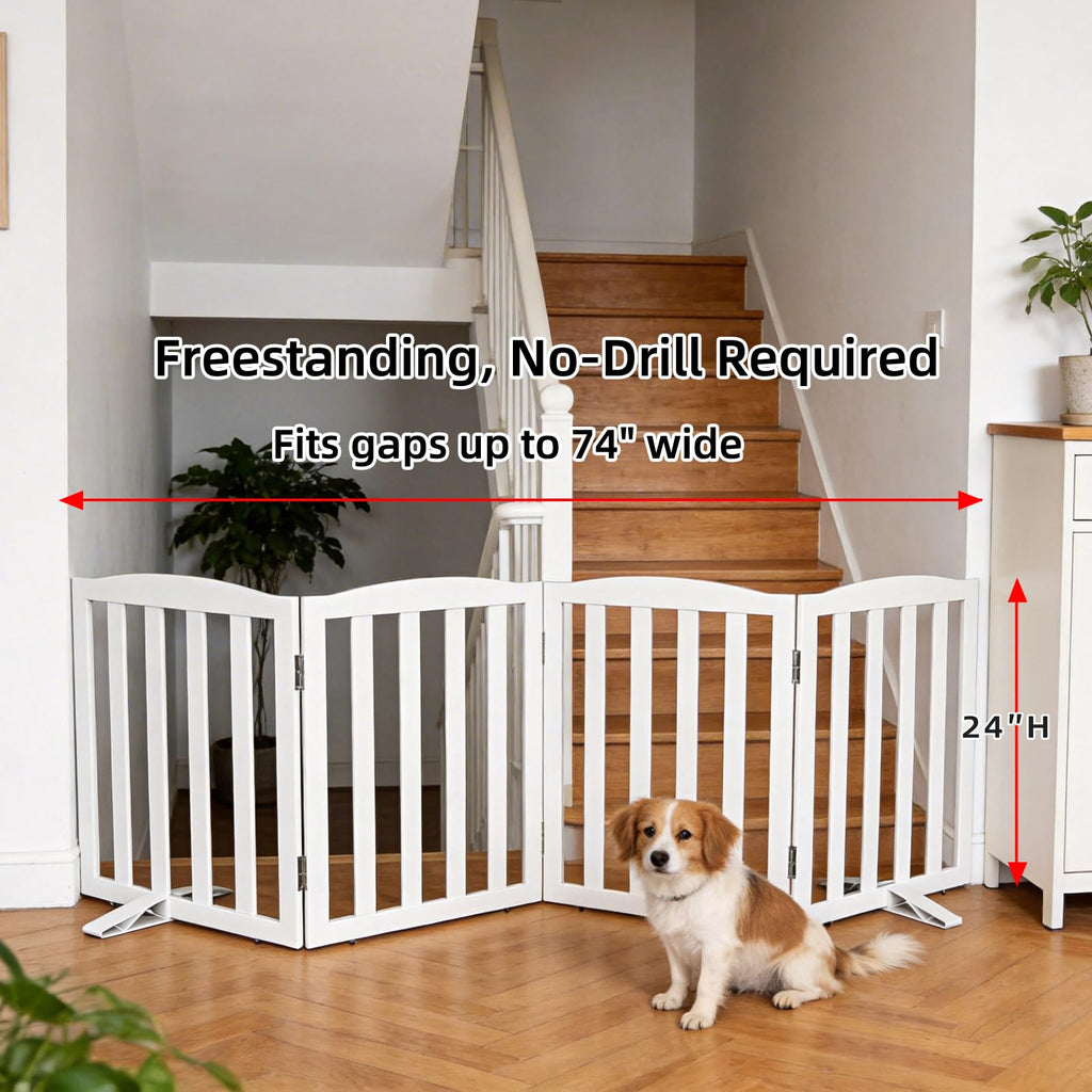 Freestanding Solid Wood Folding Pet & Dog Barrier Gate with Support Feet for Wide Indoor Openings, Hallways & Stairs — White