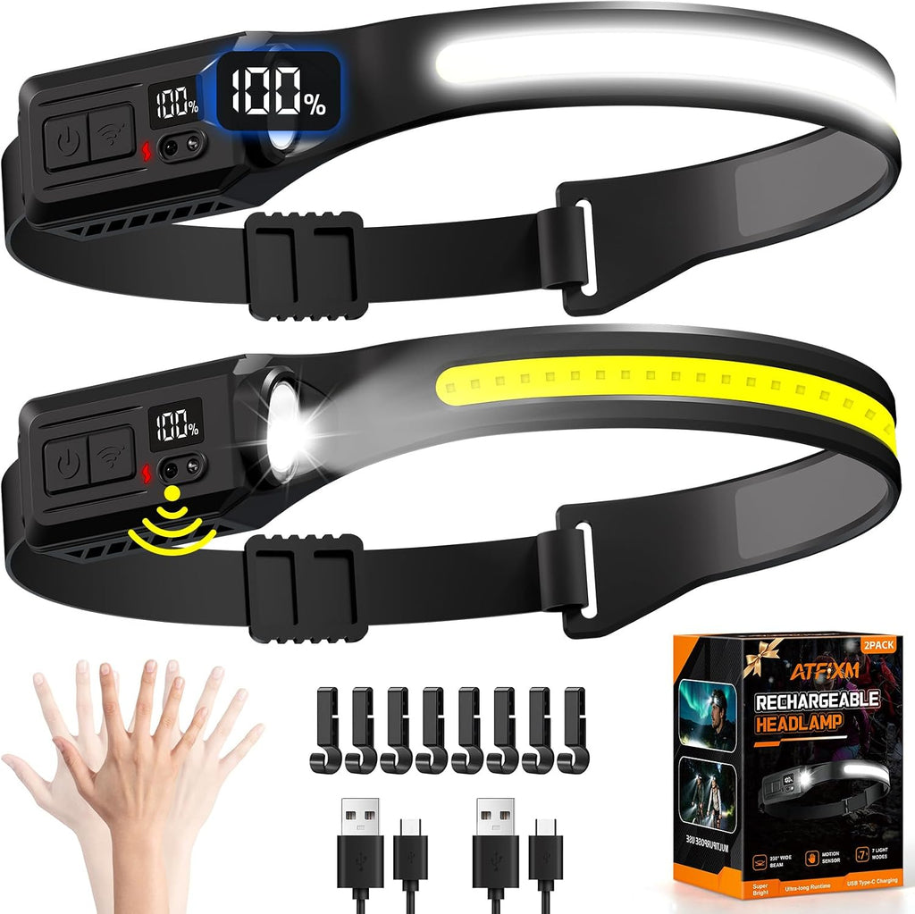 Headlamp Rechargeable 2P, 230° LED Head Lamp for Adults with Motion Sensor