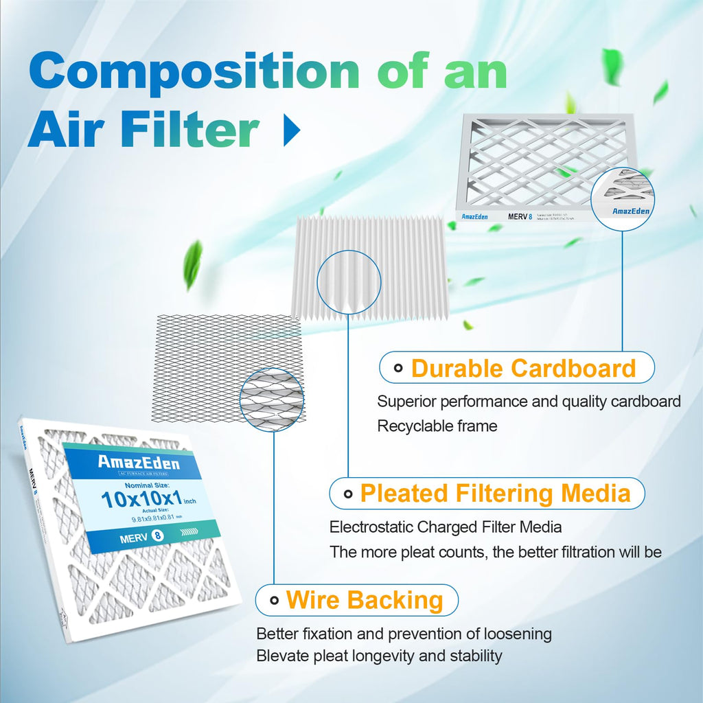 10x10x1 Air Filter 4 Pack MERV 8 Dust Defense AC Pleated Filters