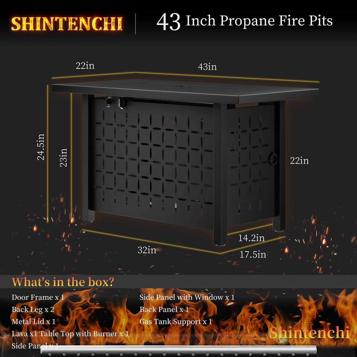 43" Propane Fire Pit,60,000 BTU Gas Fire Pit Table,Black