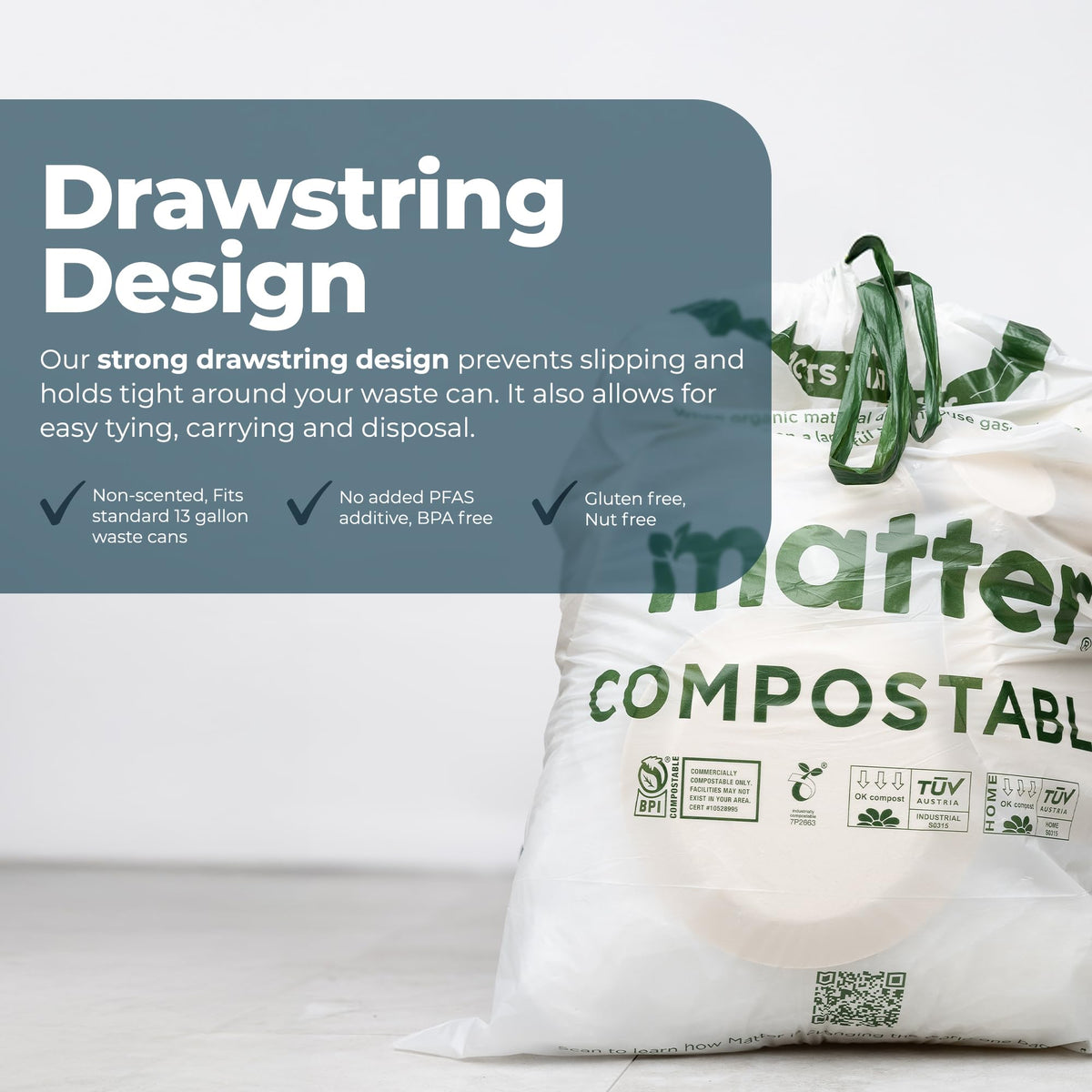 Compostable 13 Gallon Tall Trash Bags, 60 Count, Made From Plants