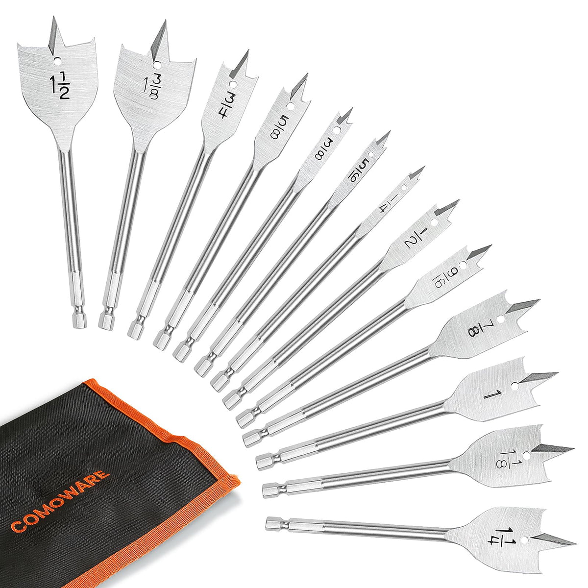 COMOWARE 13Pcs Spade Drill Bit Set-Paddle Flat, Hole Cutter, Carbon Steel