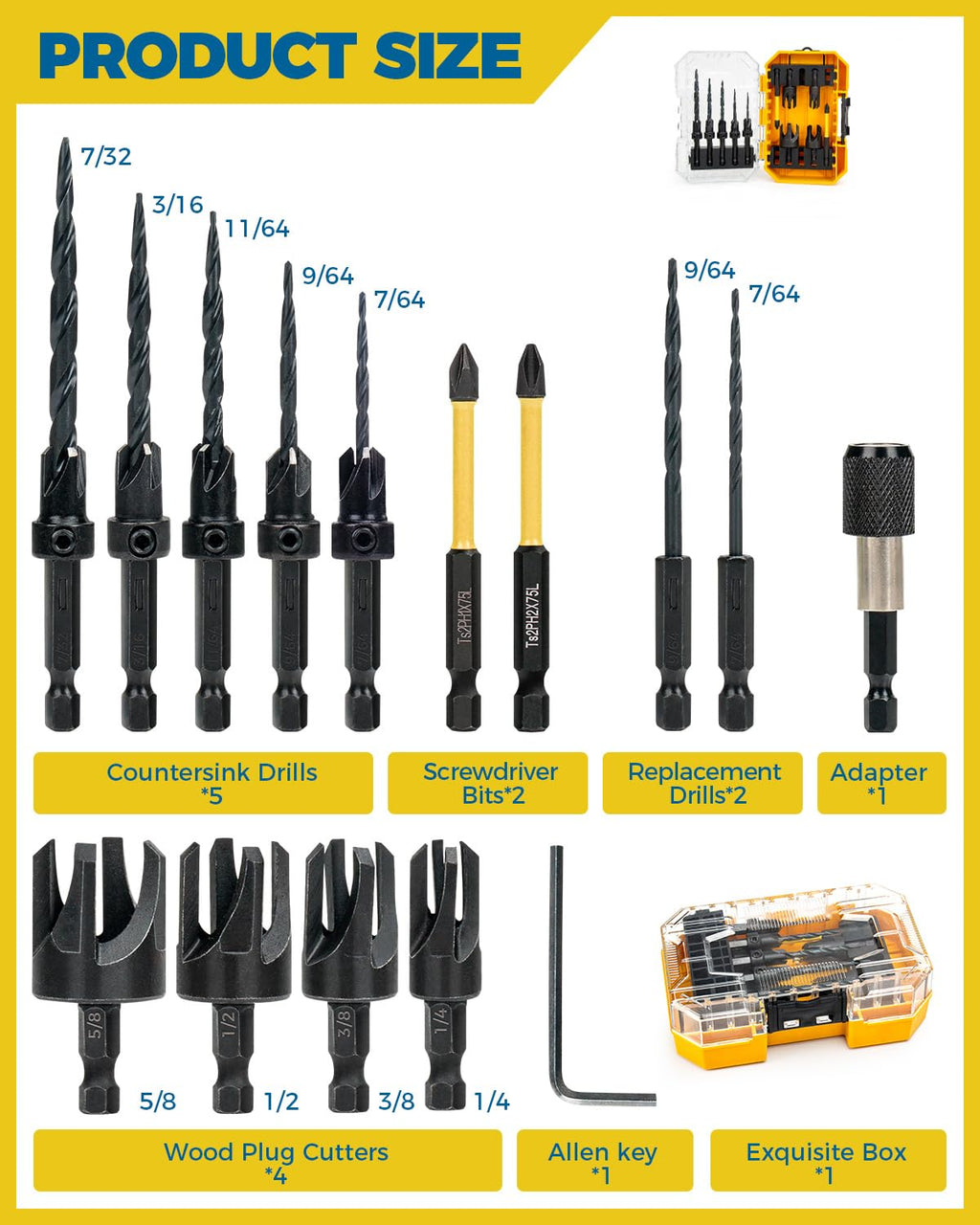 Countersink Drill Bit Set, 16PCS Tapered Bits with Plug Cutters