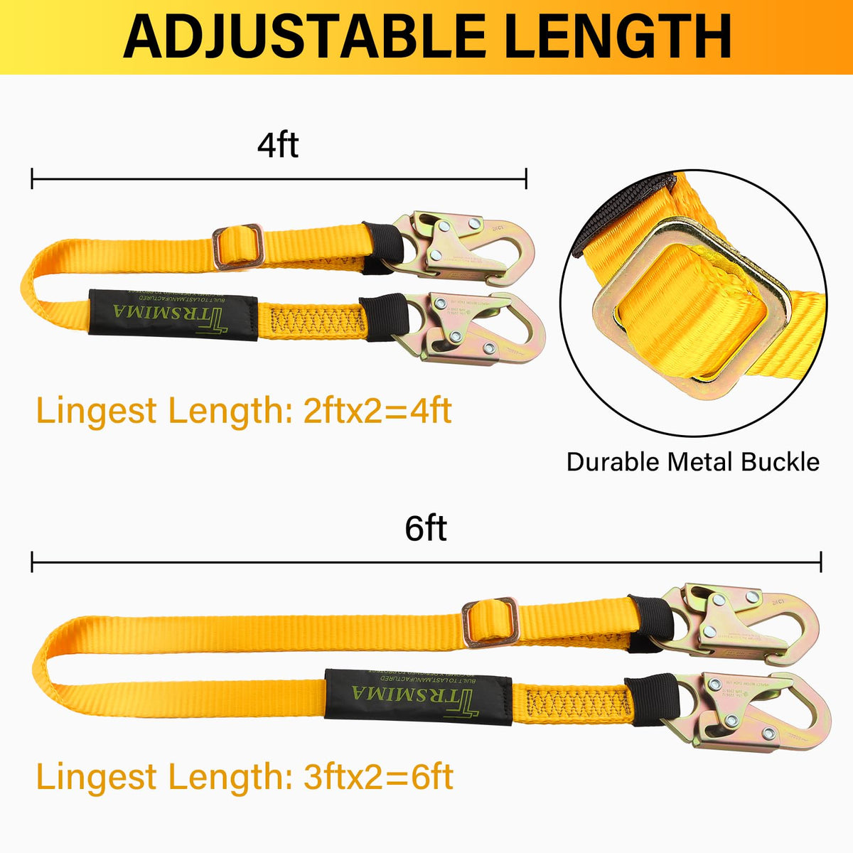 TRSMIMA Fall protection Safety Lanyard - 4ft to 6ft Adust Webbing Belt