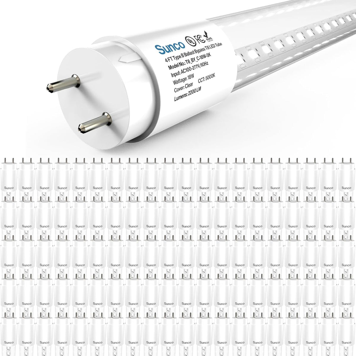 Sunco Lighting 100 Pack T8 LED 4FT Tube Light Bulbs Ballast Bypass Fluorescent Replacement, 5000K Daylight, 18W, Clear Cover, Retrofit, Single Ended Power (SEP), Commercial Grade – UL