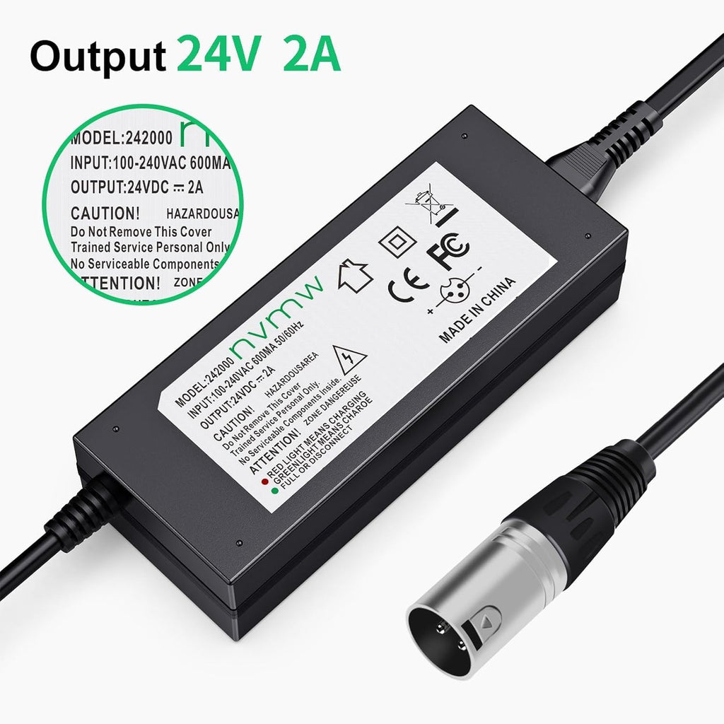 24V 2A Electric Scooter Battery Charger, Suitable for Go Go Elite Traveler, Pride Mobility, Jazzy Electric Chair Battery, and Plus Ezip Mountain Trailz 3-pin XLP Scooter Charger