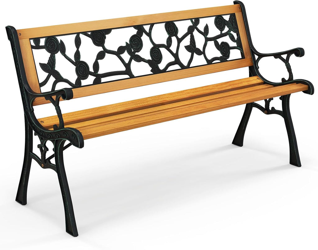 Outdoor Garden Bench Park Bench, Patio Iron Bench Chair with Cast Iron & Hardwood Structure, Weather Proof Porch