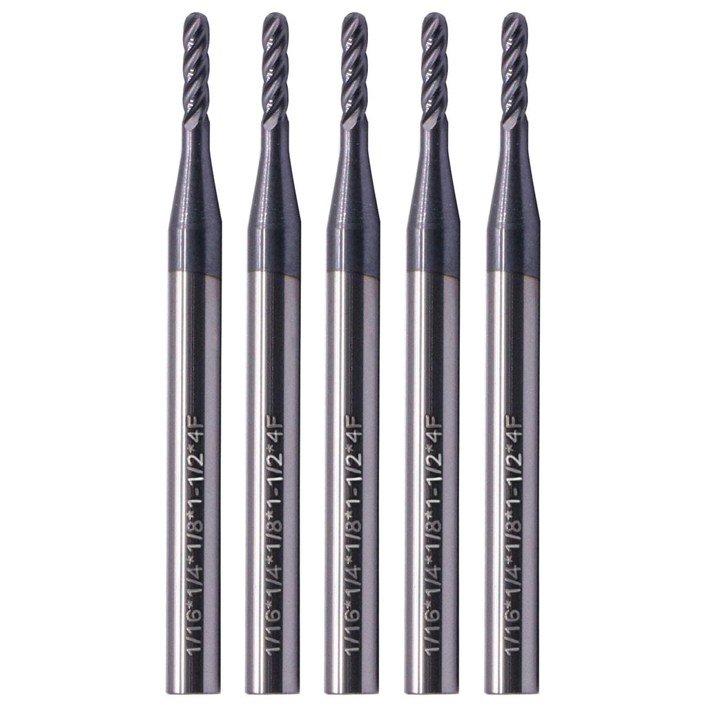 5Pcs 1/16" 4 Flute Solid Carbide Ball Nose End Mills - AlTiN Coated