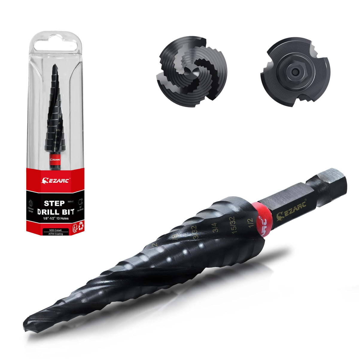 EZARC M35 Cobalt Step Drill Bit for Metal, 1/8"-1/2", 1/4" Hex Shank