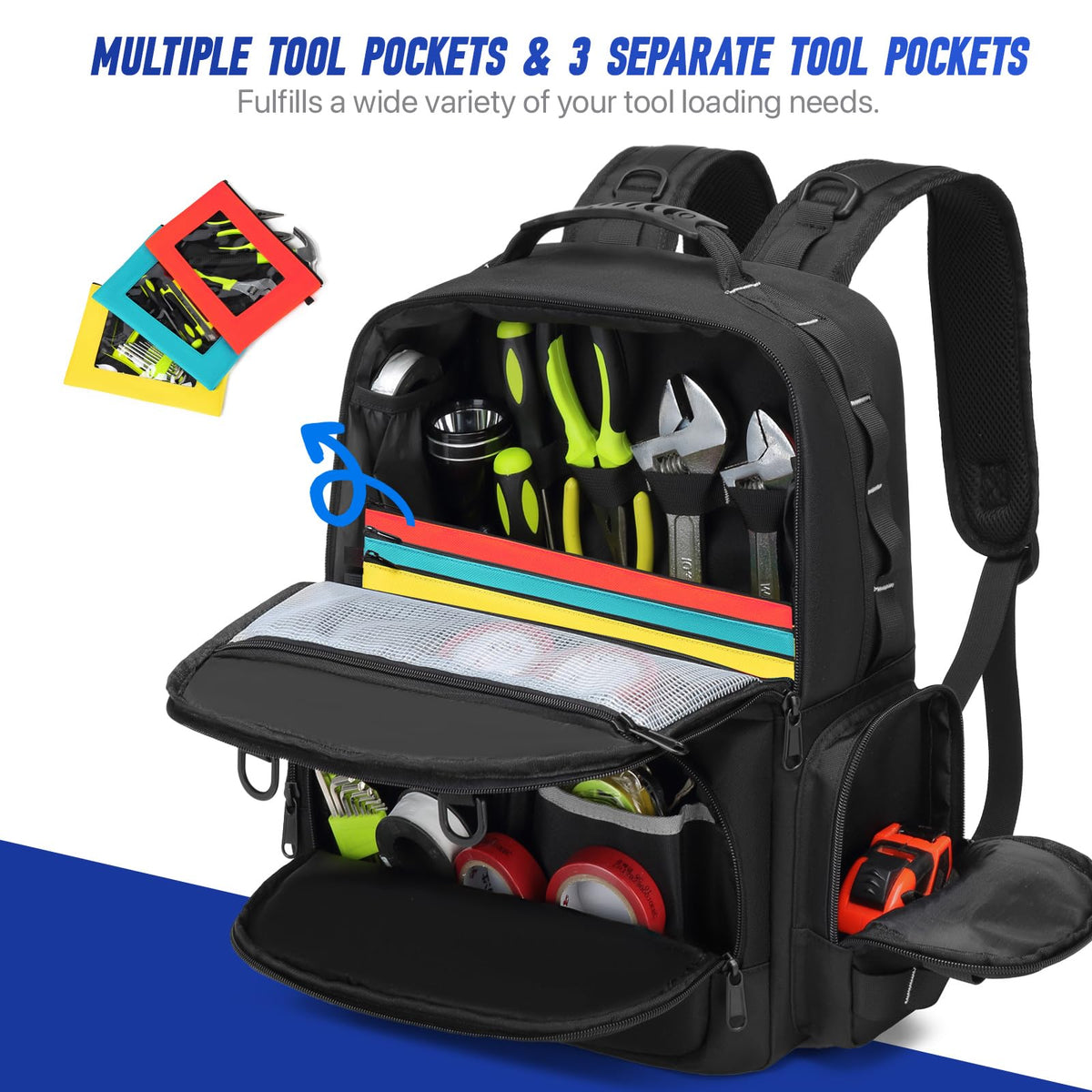 Tool Backpack,Heavy Duty Tool Bags for Men,Tool Storage Organizer Bag With 3 Tool Pouches for
