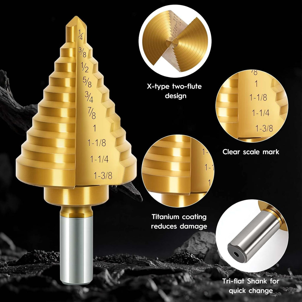 Titanium Step Drill Bit - 4241 HSS Step Bit with Two Straight Grooved